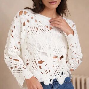 ANTHROPOLOGIE Dreamy Creamy Floral Crochet Lace Super Soft Sweater Top XL